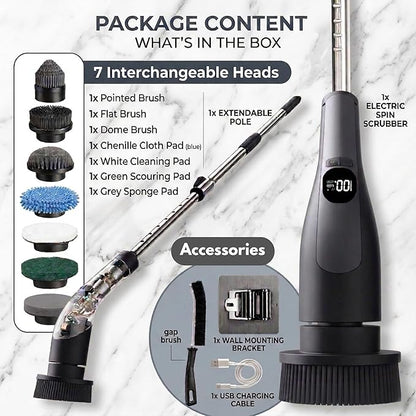 LIVINGPRO Electric Spin Scrubber for Bathroom Cleaning, Cordless Power Scrubber with 70W Dual Speed Motor, LCD Display, IPX7 Waterproof, Adjustable Handle, 7 Brush Heads for Tub Tile Shower Kitchen