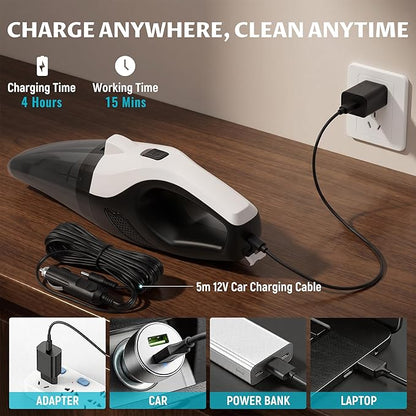 Handheld Vacuum Cordless, 6000Pa Strong Suction for Car Seats & Pet Hair, with USB and 5 m Car Charger, Portable with LED Light for Home Office, Lightweight