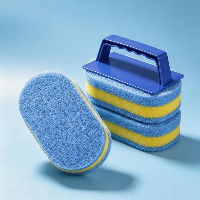 4Pcs Handled Pool Scrubber Brush - Pool Scrub Brush Set with 3 Thicker Replaceable Sponge Pads, Non-Scratch Pool Bathroom Cleaning Brush for Swimming Pool Step Liner, Shower Tile, Bathtube