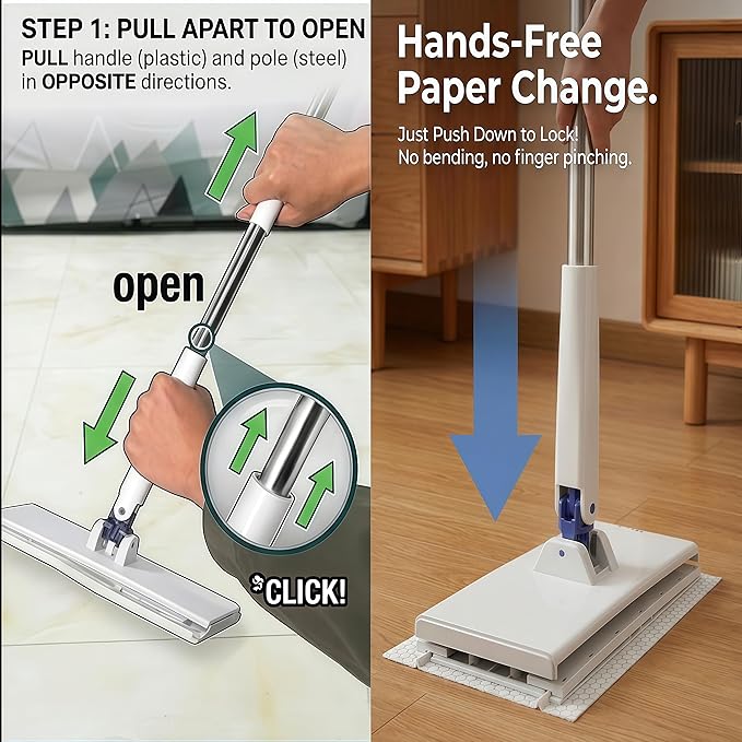 RIGONE Snap Grip Mop, 49" Hands Free Floor Cleaner, Cloth Changing Flat Mop, Zero Touch 35-Piece Kit with 30 Dry Wipes & 3 Reusable Cloths, Universal Dust Sweeper for Wall Window Hardwood