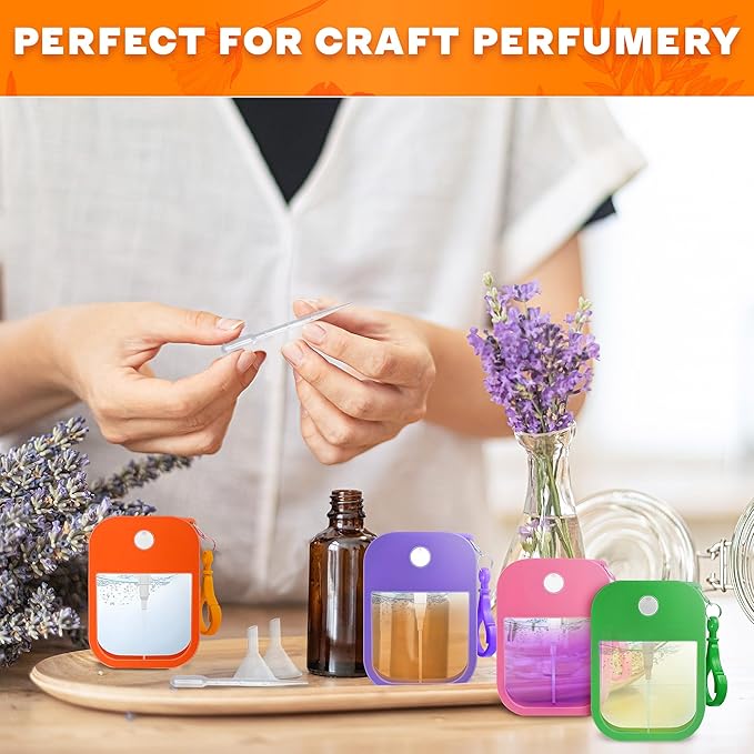 6Pcs Perfume Travel Refillable Card Spray Bottle 1.28oz - 3.5"x2.2" Travel Perfume Bottle Refillable with Colorful Silicone Case & Keychain, Leakproof, TSA-Compliant Pocket Cruise Essentials Atomizer