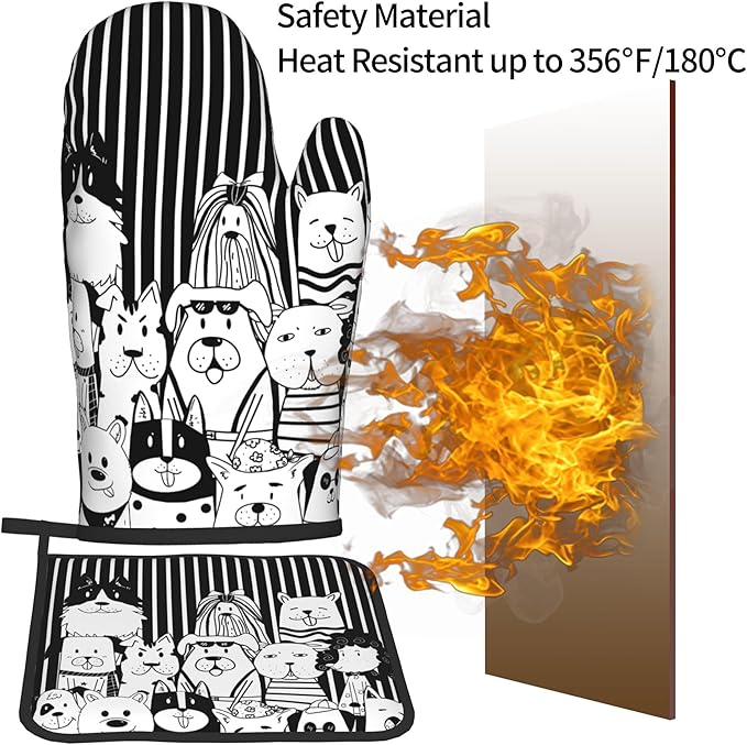 Dog Pot Holders and Oven Mitts - Black Cooking Gloves Hot Pads for Kitchen Fun Chef Gifts for Cooking Lover Cooks