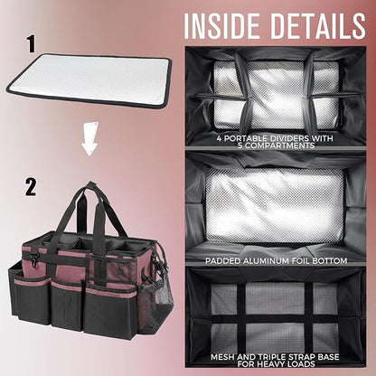 SCAVATA Wearable Cleaning Caddy, Cleaning Caddy Supplies Organizer with Handle & Shoulder Straps for Housekeepers, Under Sink & Car Cleaning Tool Organizers Bag with 4 Foldable Divider (LotusPink)