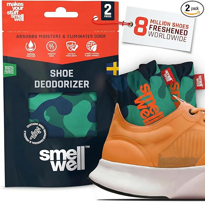 SmellWell - Scented Shoe Deodorizer Inserts - Odor Eliminators - Activated Bamboo Charcoal + Minerals - Natural Freshenes for shoes, bags, gloves - 2 x 1.8oz Original Size Camo Green