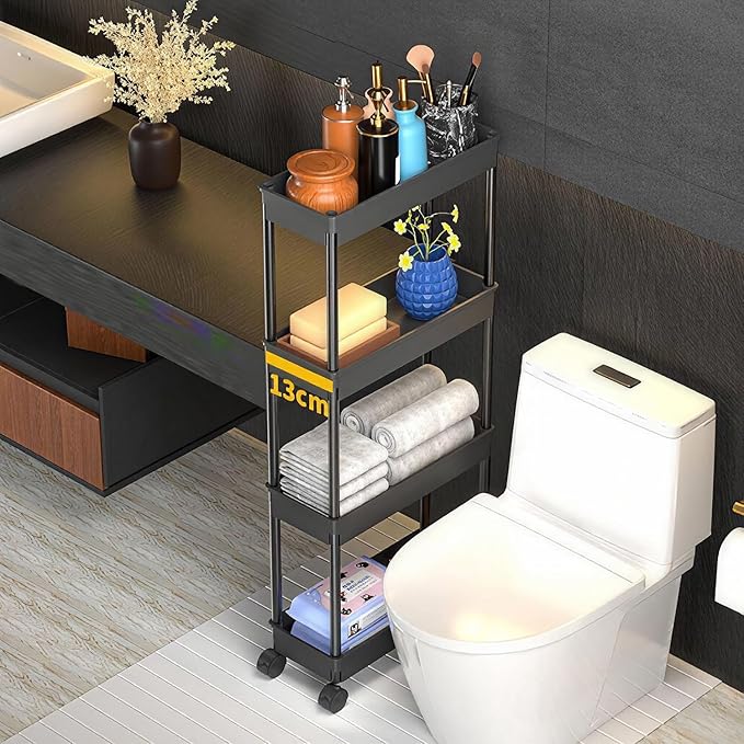 Sooyee 4 Tier Slim Storage Cart,Rolling Storage Cart,Narrow Shelf,Bathroom Rack,Mobile Shelving Unit Organizer for Kitchen, Bathroom, Laundry Room, Black