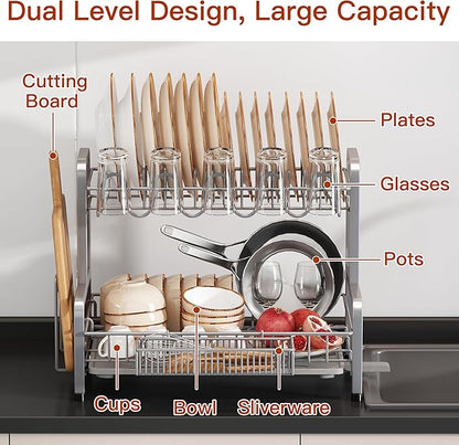 2 Tier Dish Drainer Drying Rack for Kitchen Counter, Large Stainless Steel Dishes Dryer with Drainboard, Space Saving, Big Rustproof Metal Modern Countertop Plates Strainer with Utensil Holder, Sliver