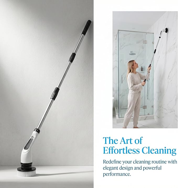 Electric Spin Scrubber - Ditch the Scrubbing! Long Handle Shower Scrubber with 9 Replaceable Heads & 2 Speed Cordless Brush in Modern White!