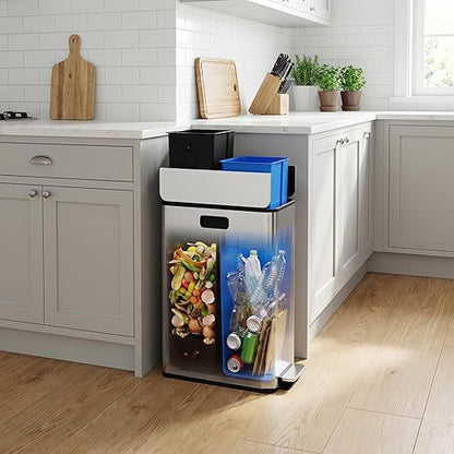 15-Gallon Dual Trash Can, Step-On Pedal Kitchen Trash Bin with Butterfly Lid, Odor-Proof Stainless Steel Large Trash Recycle Bin Combo with Removable Inner Buckets (2 x 28L) - Silver