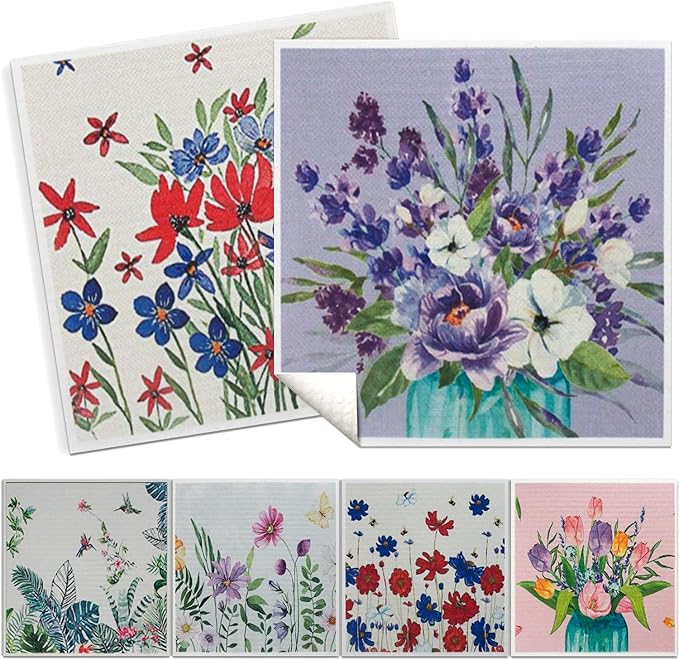 Swedish Kitchen Dish Cloths - 6 Pack Reusable Paper Towels for Counters & Dishes - Eco Friendly Cellulose Sponge Cloth (Flower)