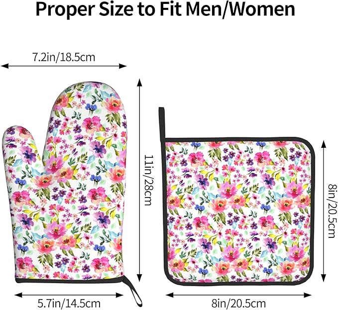 Floral Oven Mitts and Pot Holders Sets Spring Summer Kitchen Mitts Colorful Blossom Potholders 2PCS Wildflower Oven Gloves Hot Pads for Kitchen Baking Cooking