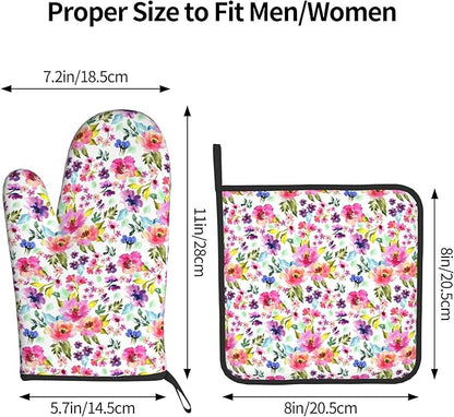 Floral Oven Mitts and Pot Holders Sets Spring Summer Kitchen Mitts Colorful Blossom Potholders 2PCS Wildflower Oven Gloves Hot Pads for Kitchen Baking Cooking