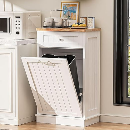AHB 13 Gallons Tilt Out Trash Cabinet, Hidden Trash Can Cabinet Kitchen Wooden Tilt Out Pet Proof Hidden Trash Bin for Kitchen Living Room, White