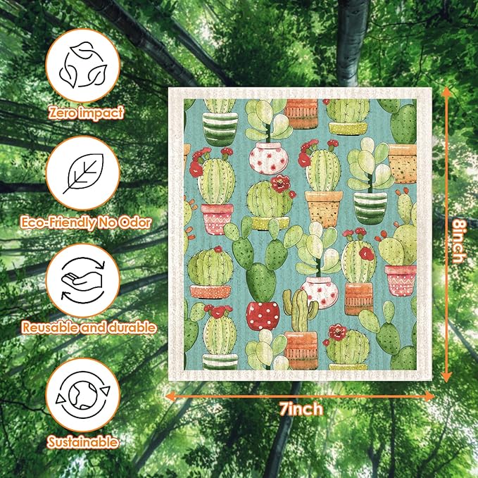 Cactus Swedish Dish Cloths 6 Pack Reusable Compostable Kitchen Cloth,Cellulose Sponge Dish Cloths Dish Towel Set