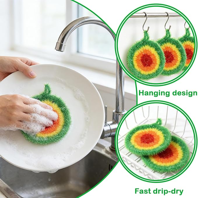 5PCS Round Dish Scrubbies, Reusable Dish Scrubber Sponge, Kitchen Cleaning Cloth with Hooks, 6.3Inches in Diameter, Hand-Safe and Odor-Free, Strong Oil Resistance and Easy Foaming