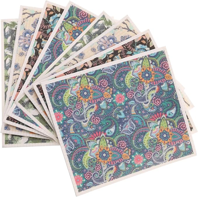 8Pcs Swedish Dishcloths for Kitchen, Quick-Drying Reusable Paper Towels, Absorbent Washable Kitchen Dish Rags, Soft Cellulose Sponge Cloths for Countertop Sink Flower Bird (8pcs Floral Fragments)