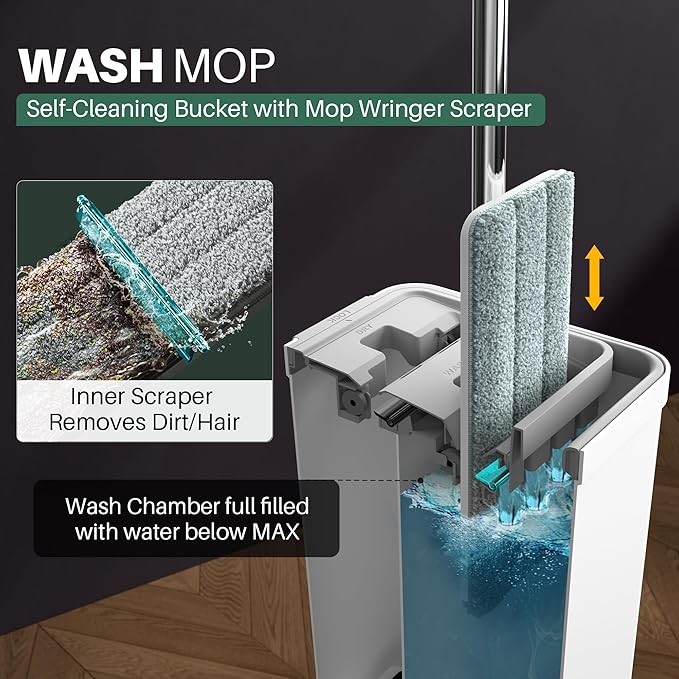 JOYMOOP Mop and Bucket Set, Flat Mops for Household & Commercial Floor Cleaning, Wet Dry Mops for Walls & Hardwood Floors, Wall Cleaner with Long Handle, Includes 5 Microfiber Pads