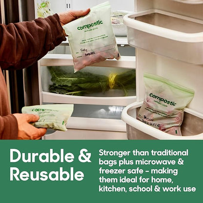 Compostic Compostable Snack Bags, Snack Size (100 Count) Everyday Essential — Resealable Zip-Seal, Plant-Based, Home Compostable, Freezer Safe, BPA-Free, Non-Toxic, GMO-Free Food Storage Bags