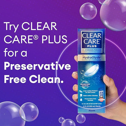 CLEAR CARE PLUS Cleaning & Disinfecting Contact Lens Solution (12 oz, Pack of 1), HydraGlyde Moisture Matrix, For Soft & RGP Lenses, Preservative-Free, Included Lens Case, Deep Cleaning Action