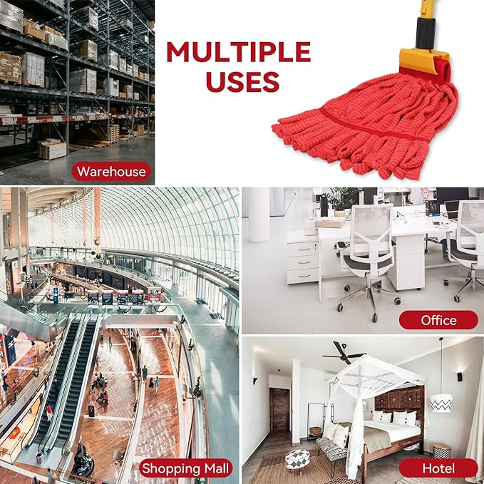 Heavy Duty Commercial Mop Head Replacement for Rubbermaid: 3 Packs 14oz Microfiber Tube Lint Free Industrial Heavy Duty Mop Head for Floor Cleaning - Super Absorbent & Bleach-Safe (Red)