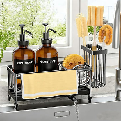 Kitchen Soap Dispenser Set with Sponge Holder and Towel Rack, 17OZ Glass Bottle, Hand and Dish Soap Dispenser Set, Non-Slip Silicone Pad, Brush Holder, Kitchen Sink Caddy Organizer Countertop (Amber)