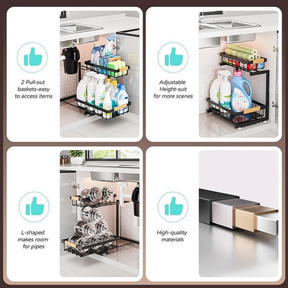 ADBIU Under Sink Organizer, 2 Pack 2 Tier Expandable Height (13.2" - 17.2") Pull Out Kitchen Bathroom Cabinet Organizers and Storage Shelf