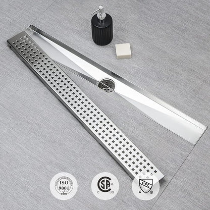 SaniteModar Shower Drain, 20 inch Linear Shower Drain with Removable Square Hole Panel, AISI 304 Stainless Steel Brushed Shower Floor Linear Drain with Adjustable Feet and Hair Strainer
