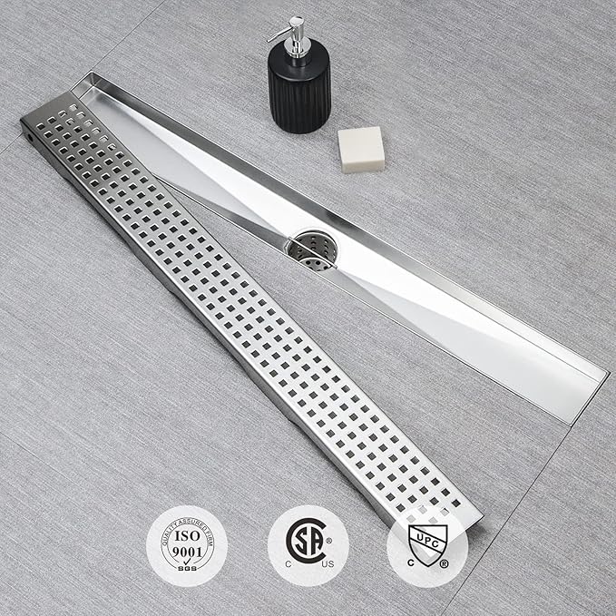 SaniteModar Shower Drain, 16 inch Linear Shower Drain with Removable Square Hole Panel, AISI 304 Stainless Steel Brushed Shower Floor Linear Drain with Adjustable Feet and Hair Strainer