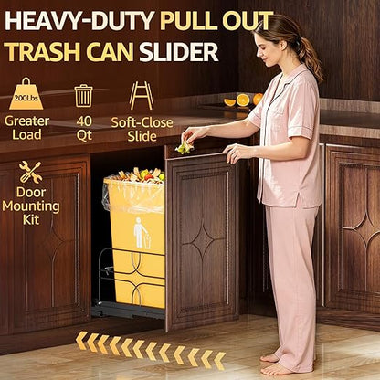 Pull Out Trash Can Under Cabinet with Soft-Close Slides, Heavy-Duty 200LB Black Under Sink Trash Can Organizer for Kitchen, Fits Minimum Cabinet Opening 12" W x 17" D, Garbage Can Not Included