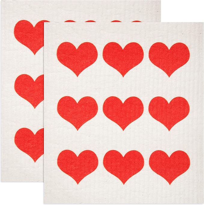 Swedish Dishcloths 2-Pack - Reusable Cellulose Sponge Cloths, Super Absorbent Kitchen Cleaning Towels, Machine Washable, Red Hearts Row Design, 7.87"x6.88"