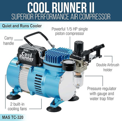 Master Airbrush Cool Runner II Airbrush Kit with Dual Fan Air Compressor, 3 Airbrushes, Cleaning Brushes, Holder, Color Mixing Wheel & How-To Air Brush Manual, Gravity & Siphon Feed