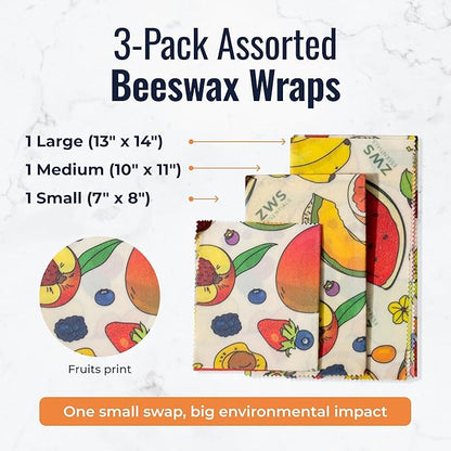 Beeswax Wraps, Reusable Cotton Food Storage Set for Kitchen, Lunch, Bread, Snacks, Bowls. Eco-Friendly Plastic-Free Alternative. 3-Pack Assorted - Fruits by Zero Waste Store