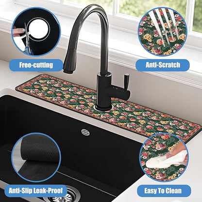 Sink Faucet Absorbing Mat Colorful Flowers Sink Splash Guard Drying Mat for Kitchen Bathroom Faucet Sinkmat 23.5"X5.5"
