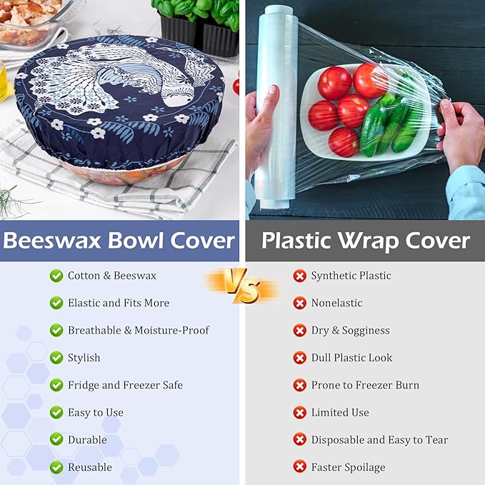 2 Large Reusable Beeswax Bowl Covers for Bread Proofing, 10/12 Inch Elastic Beeswax Wraps Cotton Cloth Sourdough Bowl Covers for Proofing Baskets, Mixer Bowls, Food Storage Containers
