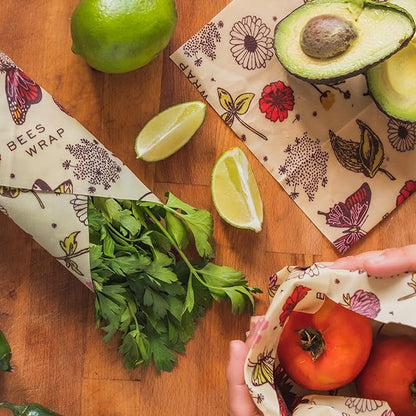Bee's Wrap Vegan Beeswax Wraps for Food - 3 Pack of Assorted Beeswax Wraps - Small, Medium & Large Wrap - Plastic Free Made in USA Reusable Natural Food Wrap - Meadow Magic Print