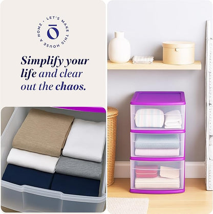 HOMZ Drawer Tower, 3-Tier Clear Plastic Storage Organizer Cart, Purple Frame - Rolling Drawer Containers with Wheels for Bathroom, Bedroom, Office, and Classroom Organization