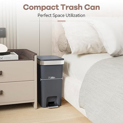 Small Bathroom Trash Can with Lid Soft Close, 10 Liter/2.6 Gallon Slim Garbage Can-Metal Step and Press top Lid, Mini Modern Waste Basket for Toilet, Office, Bedroom,Dorm,Dark Gray