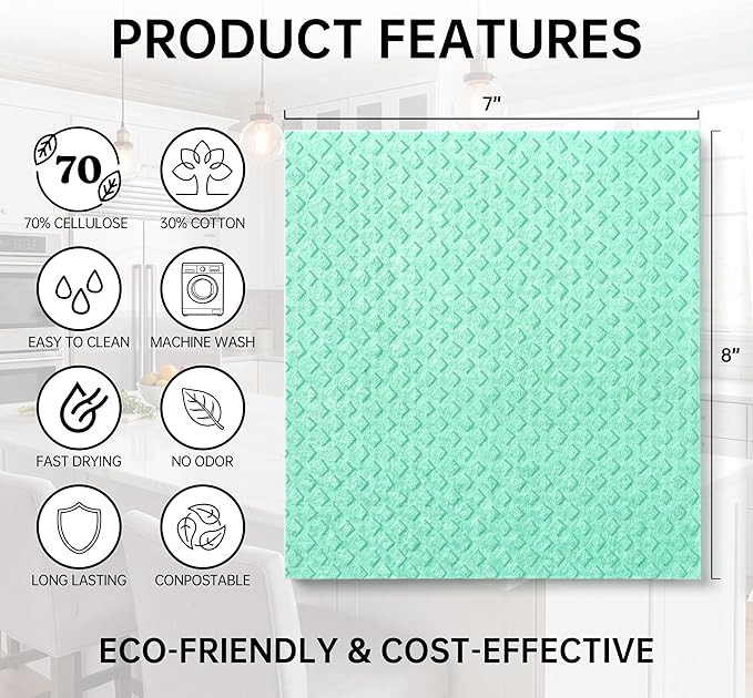 JOYMOOP Swedish Dishcloths, Cellulose Cotton Sponge Cloths, Multicolor, 8x7 Inches, 6 Pack, Diamond Pattern, Super Absorbent, Quick Dry, Odor Resistant, Lint Free, Scratch Free