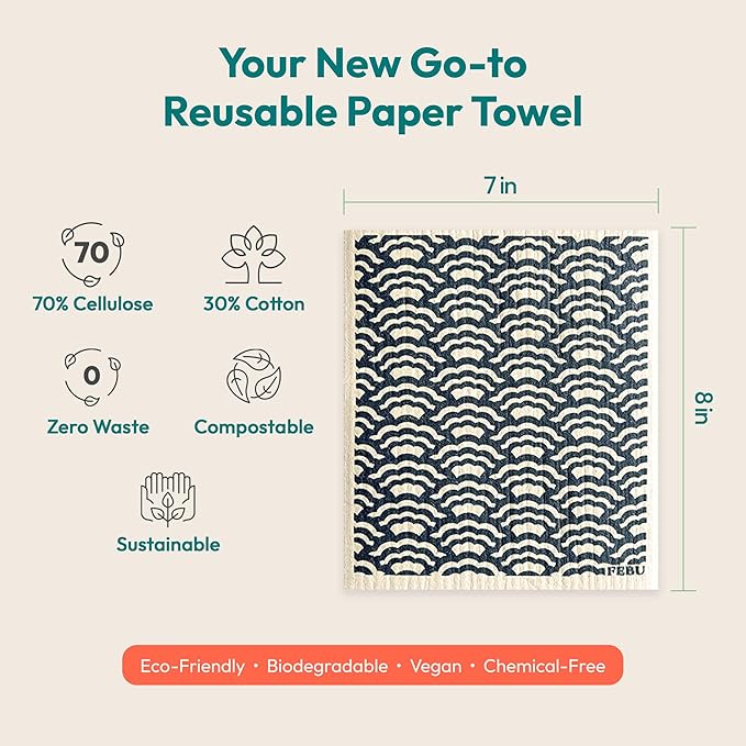 FEBU Swedish Dishcloths for Kitchen | 5 Pack Black Reusable Paper Towels Washable | Swedish Dish Towels | Non-Scratch Cellulose Sponge Cloths | No Odor, Biodegradable Cleaning Cloths