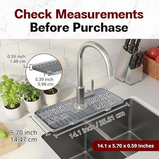 Odrago Silicone Faucet Mat (14"x5.70"x0.59"), Bathroom, Countertop and Kitchen Sink Splash Guard, Anti-Slip Faucet Drip Catcher Tray, 90-Degree Foldable Edge, Sloped Design for Fast Drying, Grey