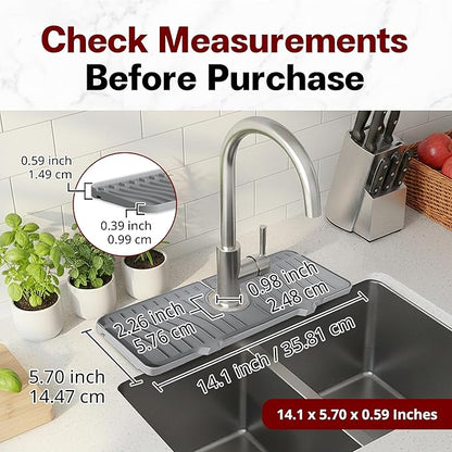 Odrago Silicone Faucet Mat (14"x5.70"x0.59"), Bathroom, Countertop and Kitchen Sink Splash Guard, Anti-Slip Faucet Drip Catcher Tray, 90-Degree Foldable Edge, Sloped Design for Fast Drying, Grey
