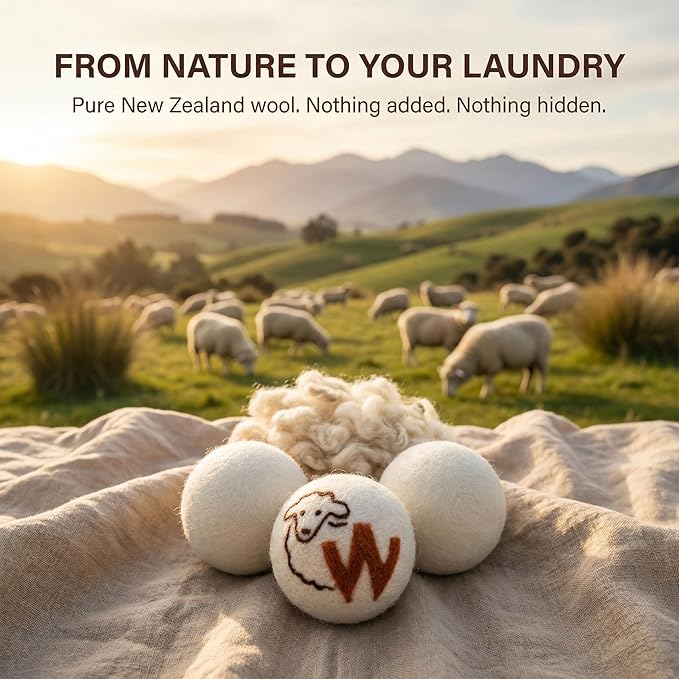 Woolly's Wool Dryer Balls – 100% Pure New Zealand Wool, Reusable Natural Fabric Softener, Reduces Drying Time & Clothes Wrinkles, Chemical-Free Dryer Balls (Pack of 12)