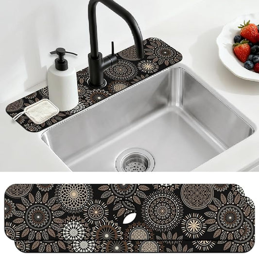 2 Pcs Kitchen Sink Splash Guard Faucet Mats Mandala Pattern Faucet Mat for Sinks Leaves Absorbing Drying Mat for Kitchen Bathroom, 23.6x5.5inch