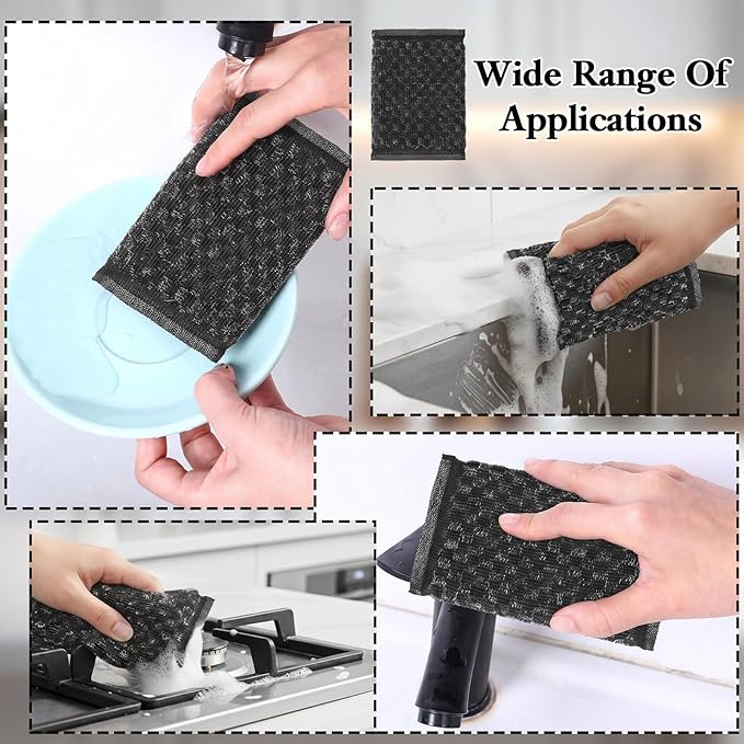 6 Pack Steel Wool Scrubber Sponges, Heavy Duty Stainless Steel Scouring Pads Reusable Non Scratch Kitchen Metal Sponges Cleaning Tool for Pots and Pans Tough Grease & Grime (Black, Diamond Pattern)
