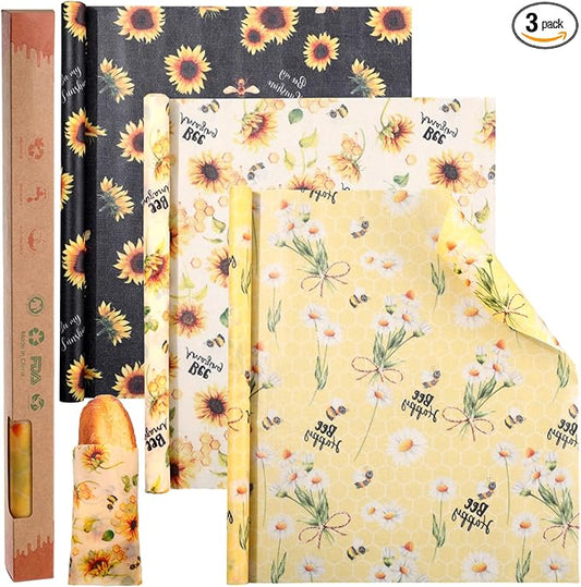 3 Rolls Reusable Beeswax Wraps for Food 13 x 40 Inches Bees Wax Wraps Reusable Food Storage Wrap Beeswax Paper Roll for Bread Sandwich Cheese Fruit Snacks(Bee)