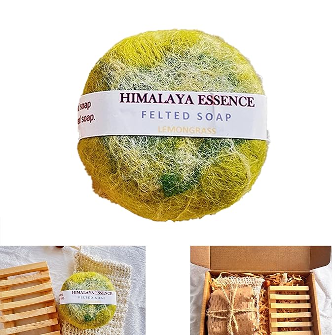 Handmade Felted Soap with Tibetan Yak Milk & Wool - Natural Exfoliating Bar for Face & Body, 6 Scents, Includes Bamboo Dish & Travel Pouch (Jasmine)