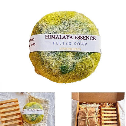 Handmade Felted Soap with Tibetan Yak Milk & Wool - Natural Exfoliating Bar for Face & Body, 6 Scents, Includes Bamboo Dish & Travel Pouch (Jasmine)