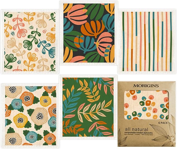 Swedish Dishcloths for Kitchen,6 Pack Minimalist Swedish Dish Towels,Cellulose Sponge Cloths,Non Scratch Reusable Paper Towels, Biodegradable and Reusable Kitchen Dish Rags