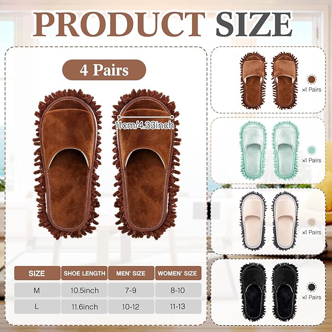 Jecery 4 Pair Washable Microfiber Mop Slippers Detachable Dusting Shoes for Floor Cleaning, Office & Home Use Suitable for Women & Men(Gray,Brown,Black,Sky Blue,L Size)