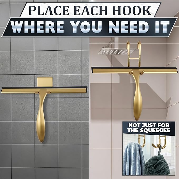 14 Inch Shower Door Squeegee - Gold Squeegee for Shower Glass with Stainless Steel Body, Silicone Blade, Adhesive & Hanging Hooks for Streak-Free Mirror, Tile, Window, Bathroom, Car, Everyday Home Use