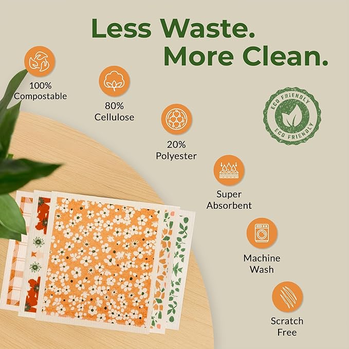 Swedish Dishcloths, Vintage Plant-Based Cellulose, 6.7x7.5 Inch, Super Absorbent, Multi-Surface, Machine Washable, Reusable, 5 Pack (Orange Green)